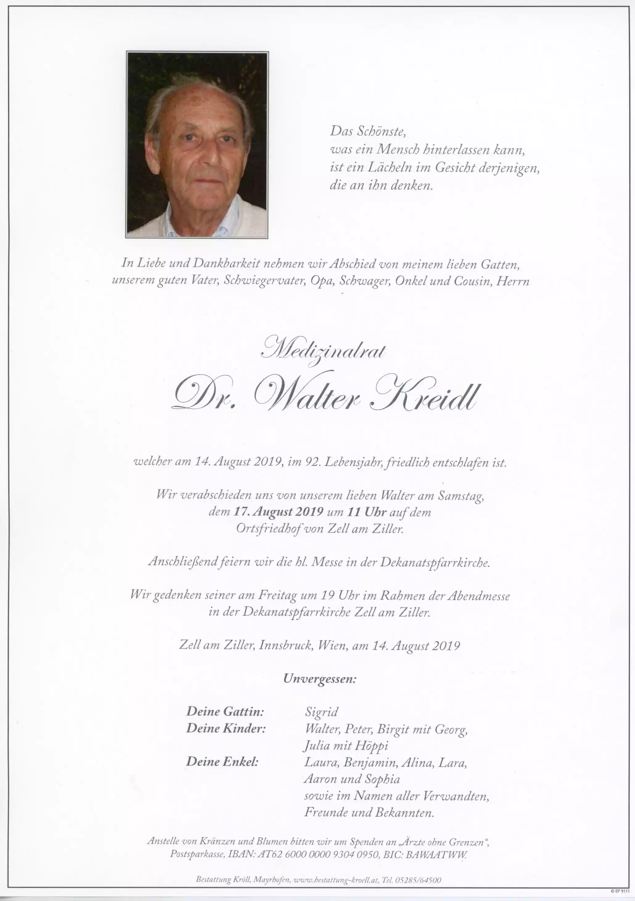 Parte von Medizinalrat Dr. Walter Kreidl